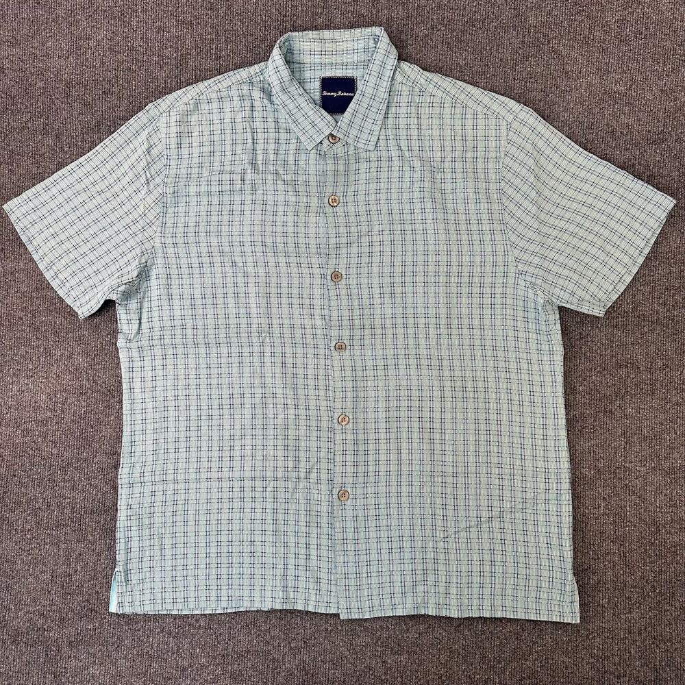 Tommy Bahama Men's Silk Button Up Shirt Blue Check Plaid Short Sleeve XL